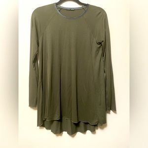 Zara womens M long sleeve Tunic Top faux leather trim on neck Army Green